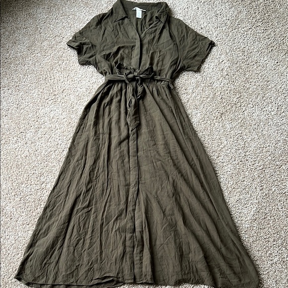 H&M Green Khaki Midi Dress with Tie Waist - Picture 1 of 4